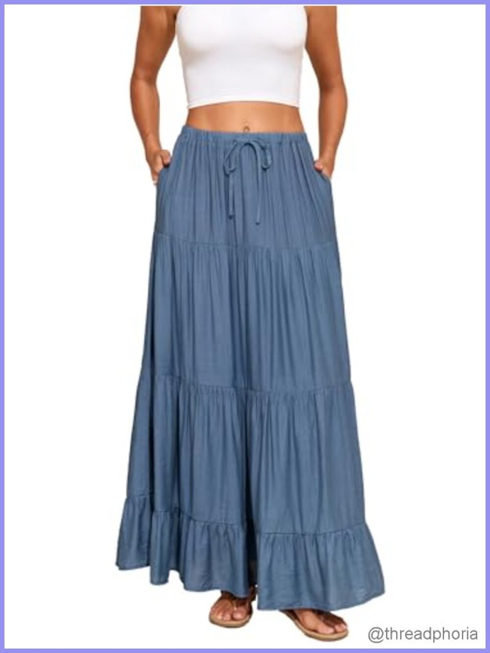 Women Flowy Tiered A Line Maxi Skirt Elastic Waist Beach Skirt with Pockets